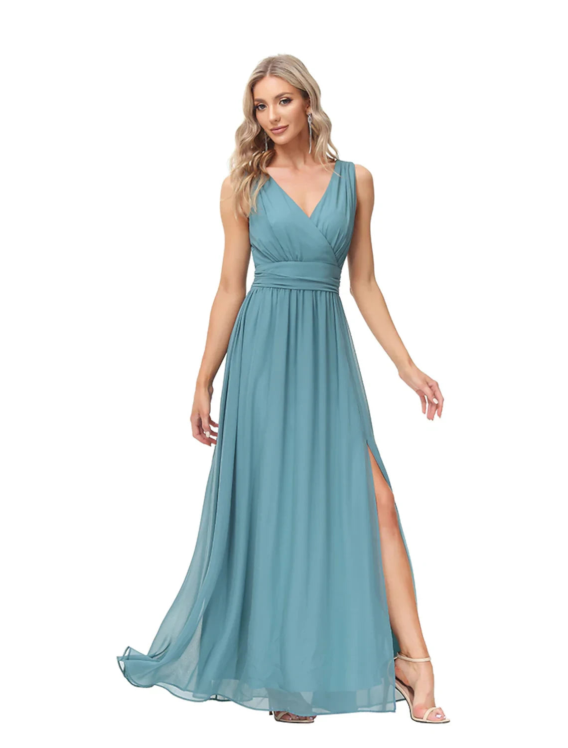 Flowy Chiffon A-Line V-Neck Sleeveless Zipper Back Floor-Length Evening Dresses with Slit