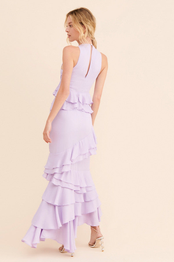 Flowy Chiffon Sheath Deep V-Neck Sleeveless Keyhole Back Floor-Length Ruffled Evening Dresses