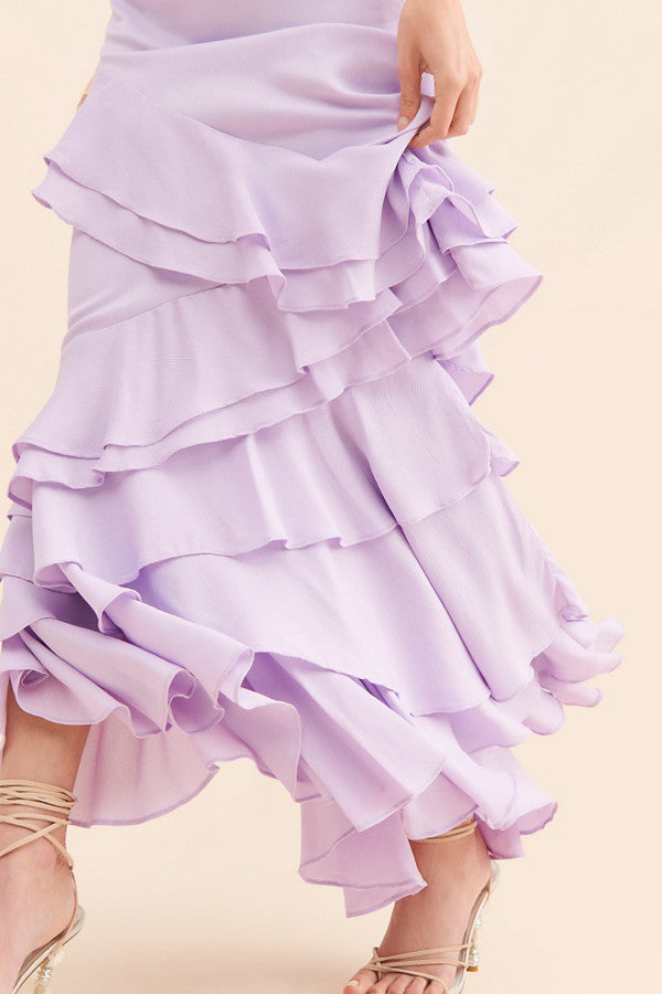 Flowy Chiffon Sheath Deep V-Neck Sleeveless Keyhole Back Floor-Length Ruffled Evening Dresses