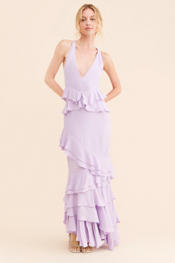 Flowy Chiffon Sheath Deep V-Neck Sleeveless Keyhole Back Floor-Length Ruffled Evening Dresses