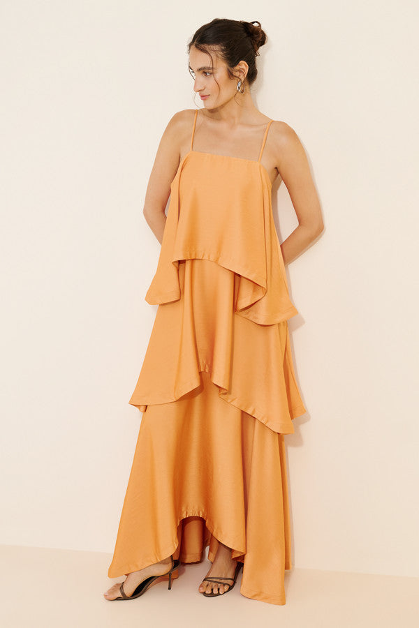 Flowy Satin A-Line Square Neck Spaghetti Strap Zipper Back Floor-Length Tiered Evening Dresses