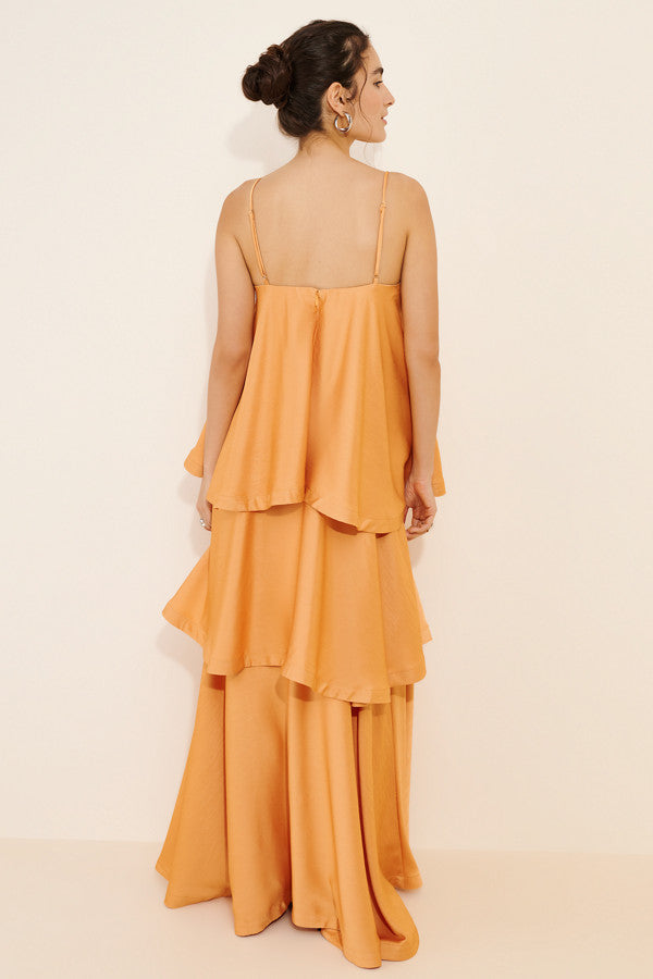Flowy Satin A-Line Square Neck Spaghetti Strap Zipper Back Floor-Length Tiered Evening Dresses