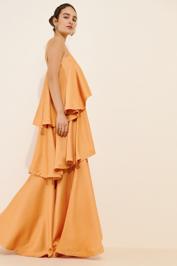 Flowy Satin A-Line Square Neck Spaghetti Strap Zipper Back Floor-Length Tiered Evening Dresses