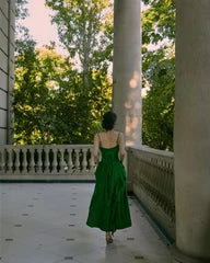 Flowy Satin A-Line V-Neck Sleeveless Spaghetti Strap Open Back Floor-Length Ruffled Evening Dresses