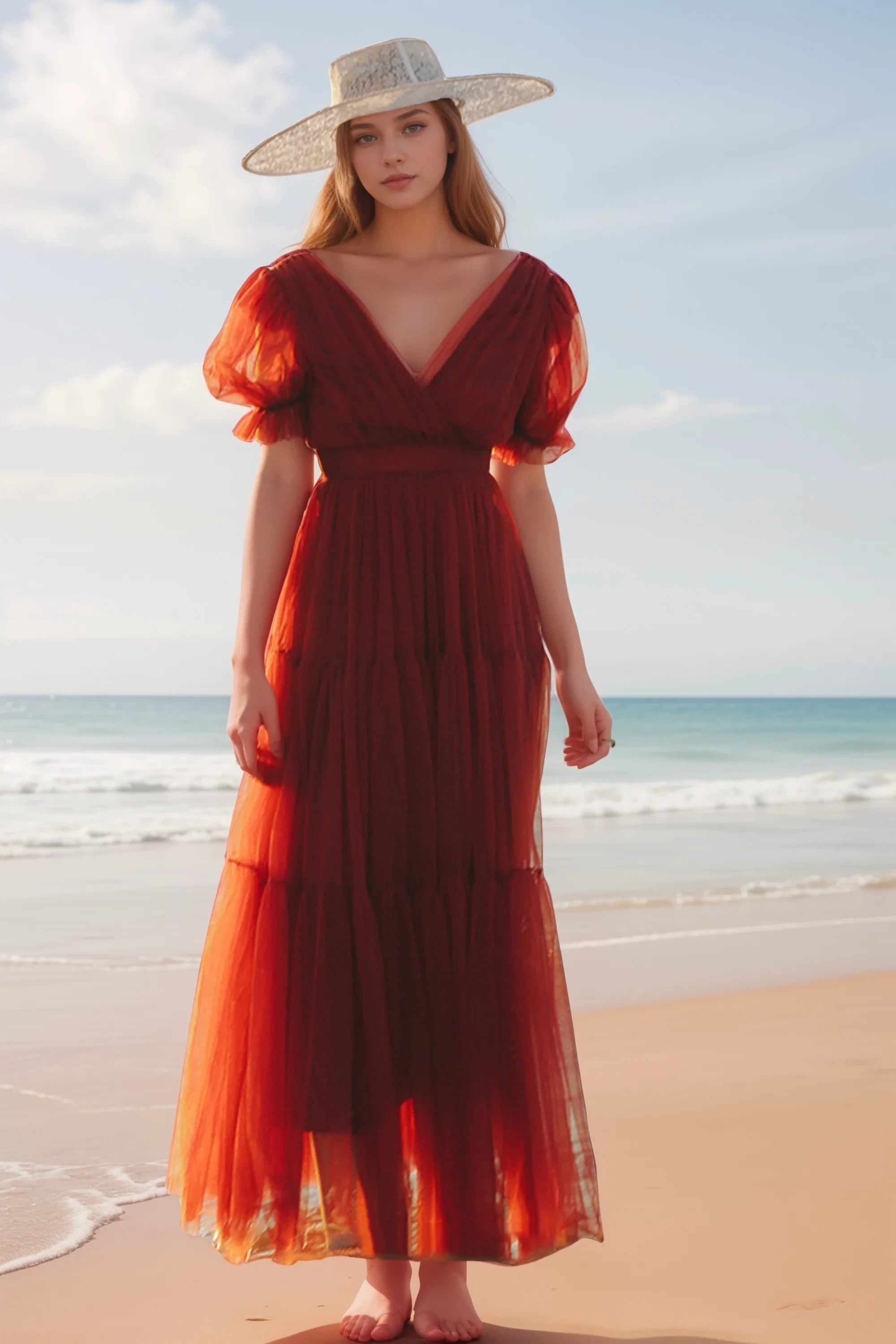 Flowy Tulle A-Line V-Neck Puff Sleeve V-Back Floor-Length Evening Dresses