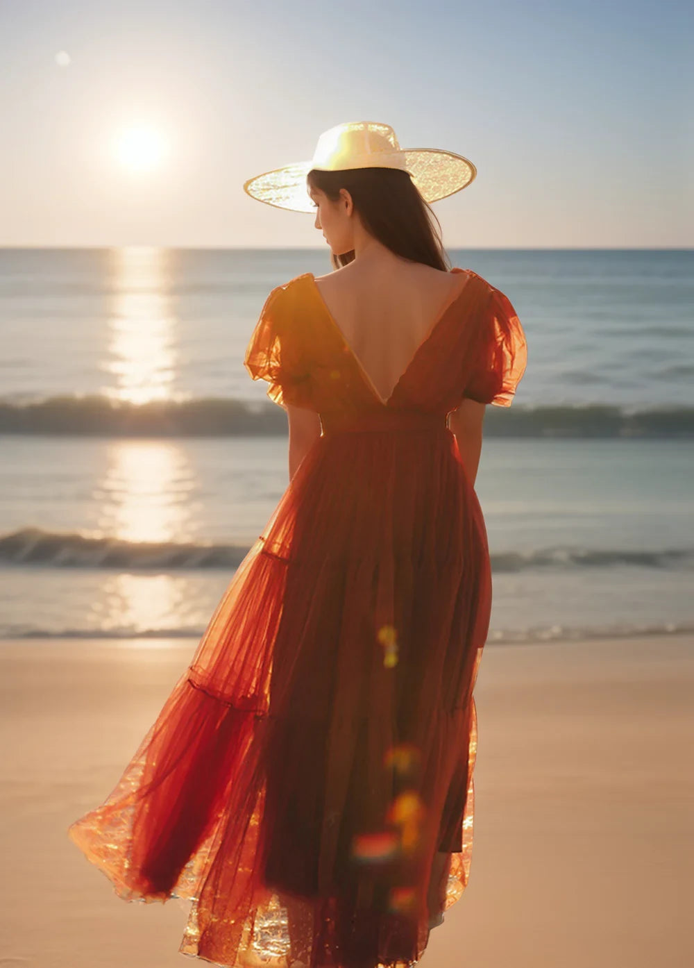 Flowy Tulle A-Line V-Neck Puff Sleeve V-Back Floor-Length Evening Dresses