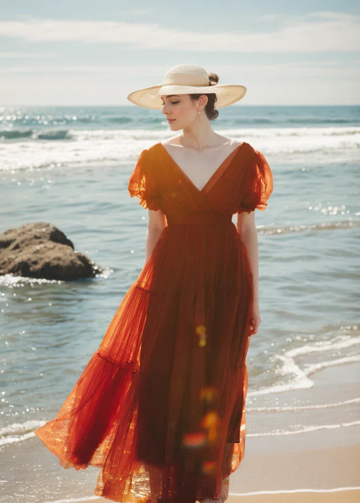 Flowy Tulle A-Line V-Neck Puff Sleeve V-Back Floor-Length Evening Dresses