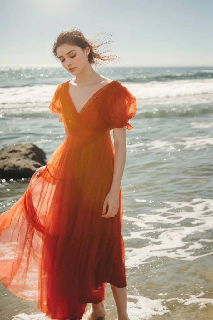 Flowy Tulle A-Line V-Neck Puff Sleeve V-Back Floor-Length Evening Dresses
