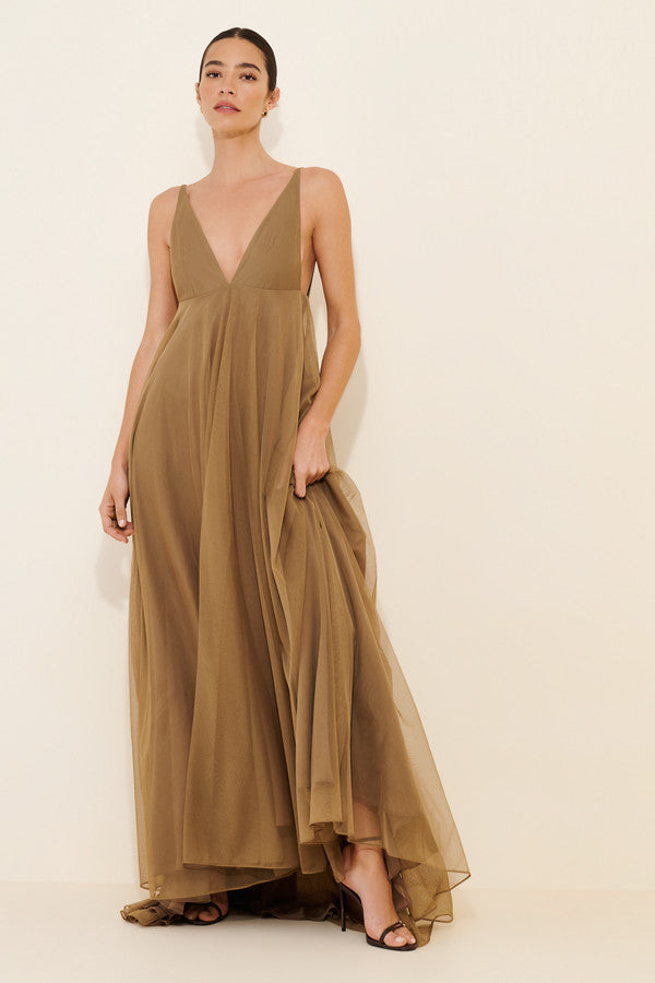 Flowy Tulle A-Line V-Neck Sleeveless Low V-Back Floor-Length Evening Dresses