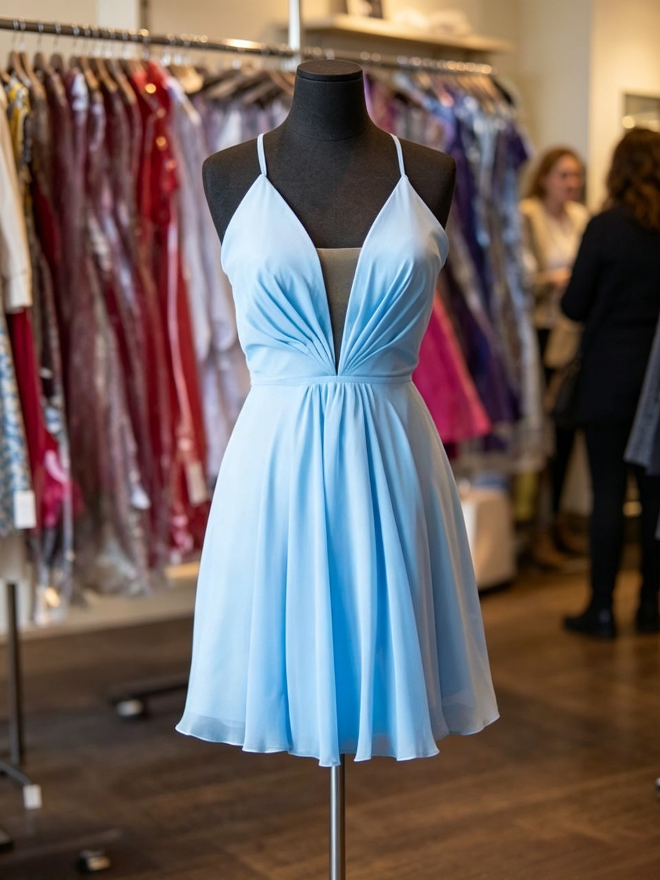 Flowy chiffon skater deep V spaghetti strap lace up open back short length formal homecoming dress