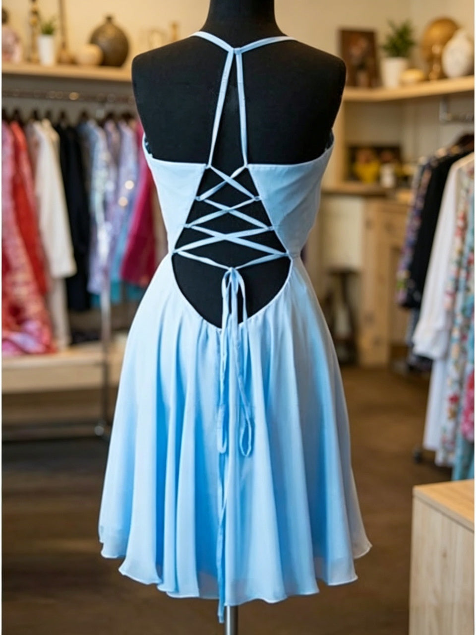 Flowy chiffon skater deep V spaghetti strap lace up open back short length formal homecoming dress