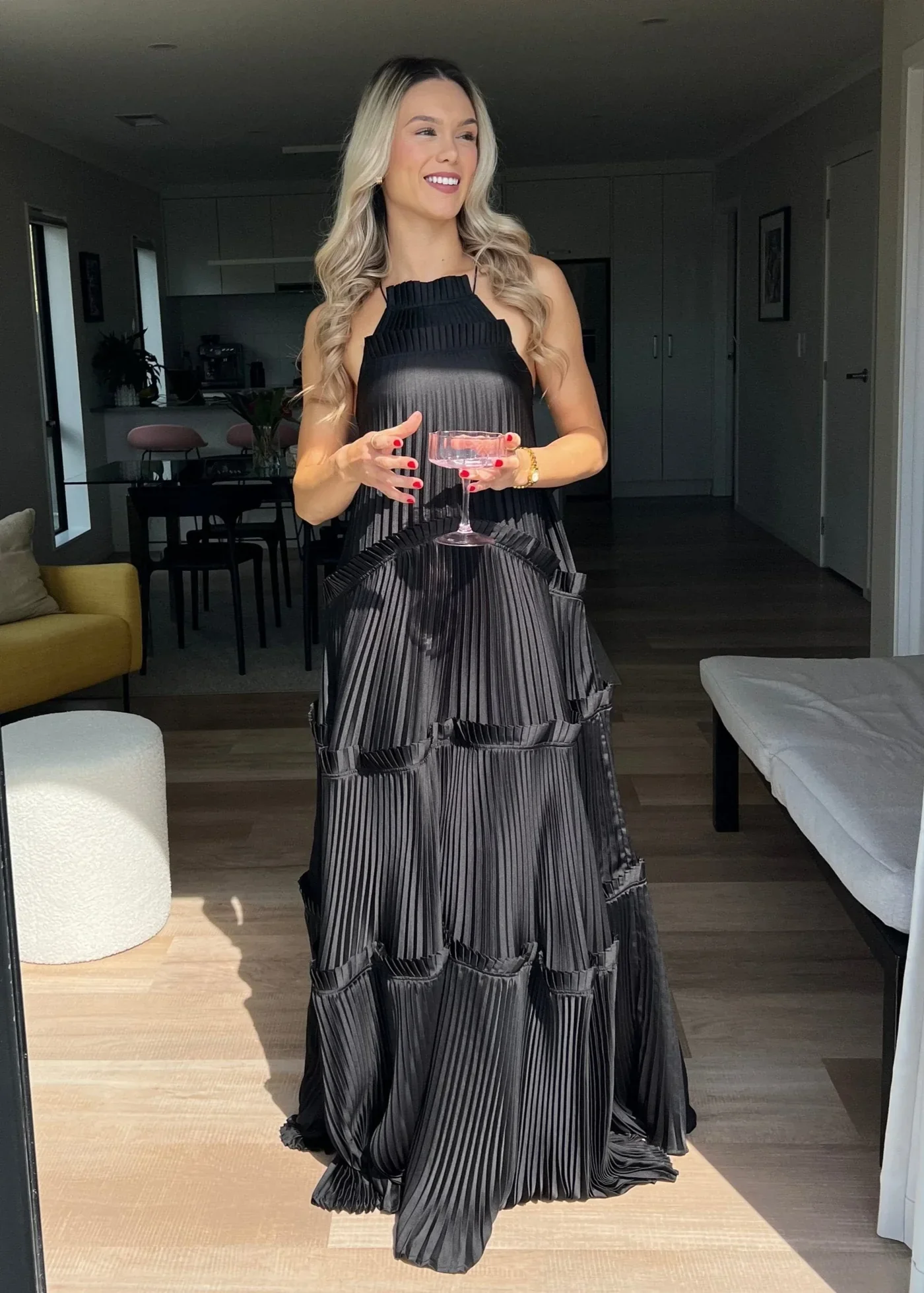 Flowy tiered pleated A-line halter-neck crisscross-back floor-length evening dresses