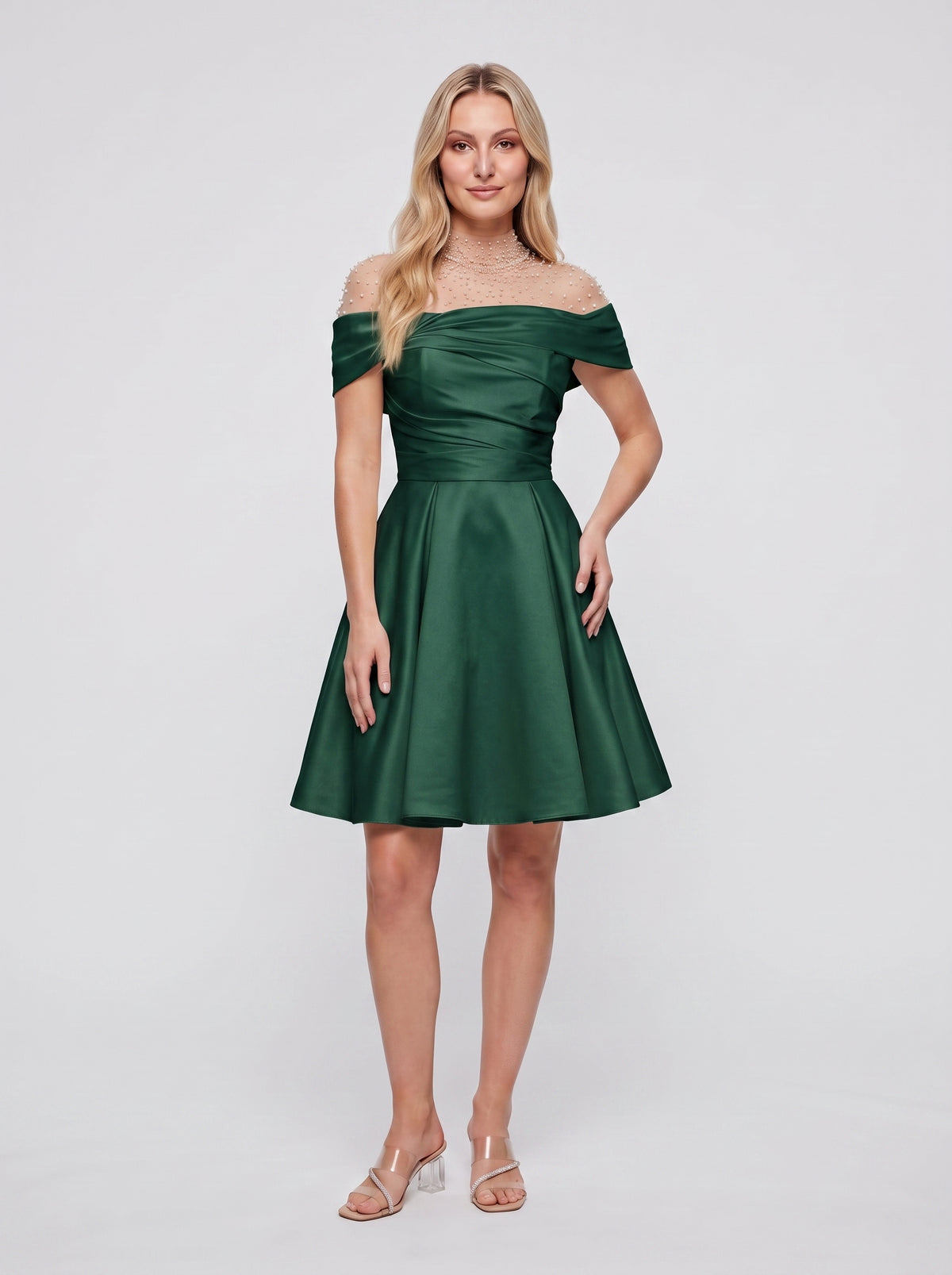 Ivory Satin A-Line Off-the-Shoulder Floor-Length Evening Dress