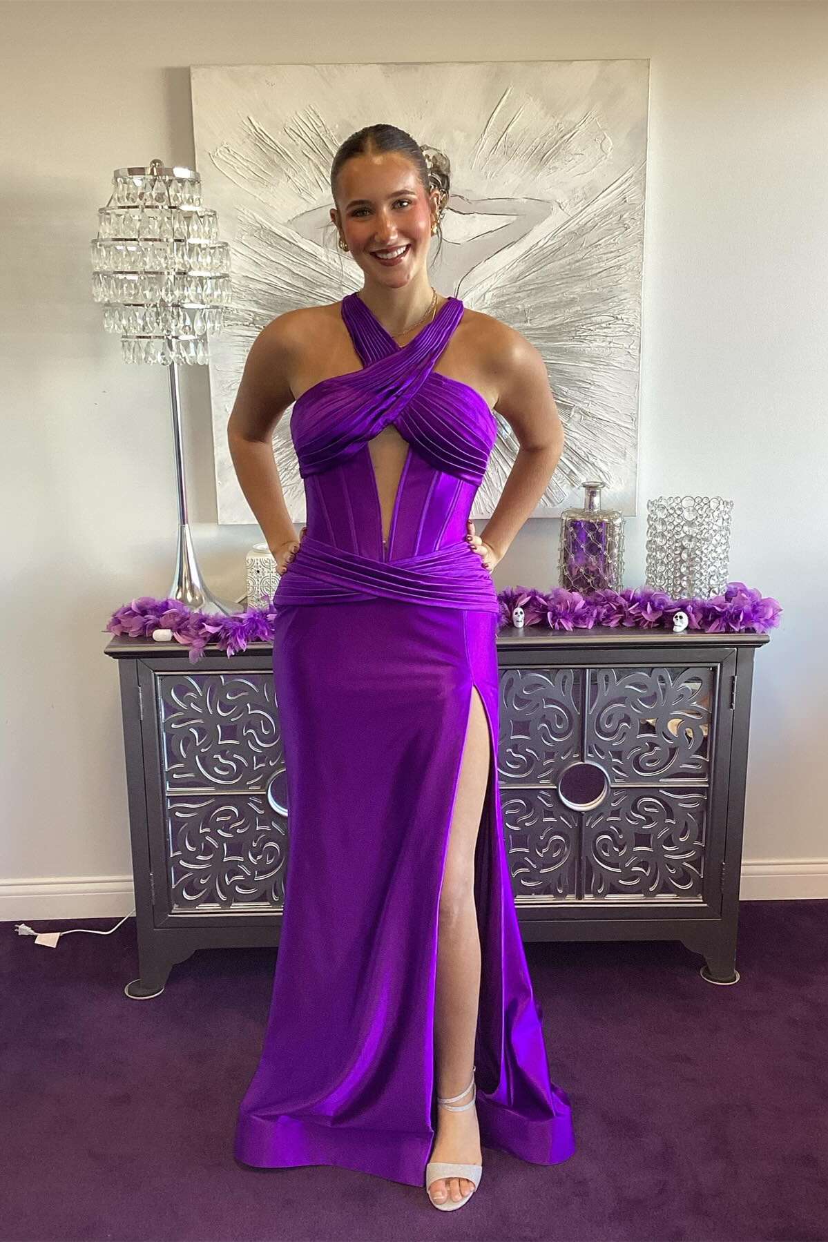 Form-Fitting Halter-Neck Sleeveless Cross-Back Slit Satin Evening Dress