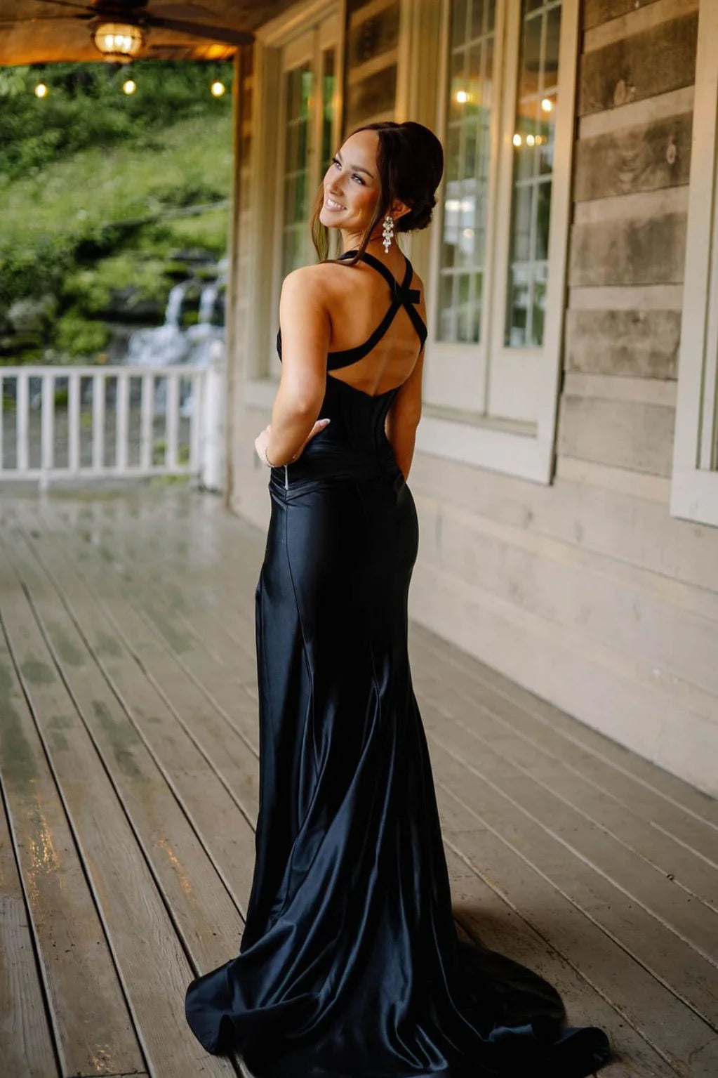 Form-Fitting Halter-Neck Sleeveless Cross-Back Slit Satin Evening Dress