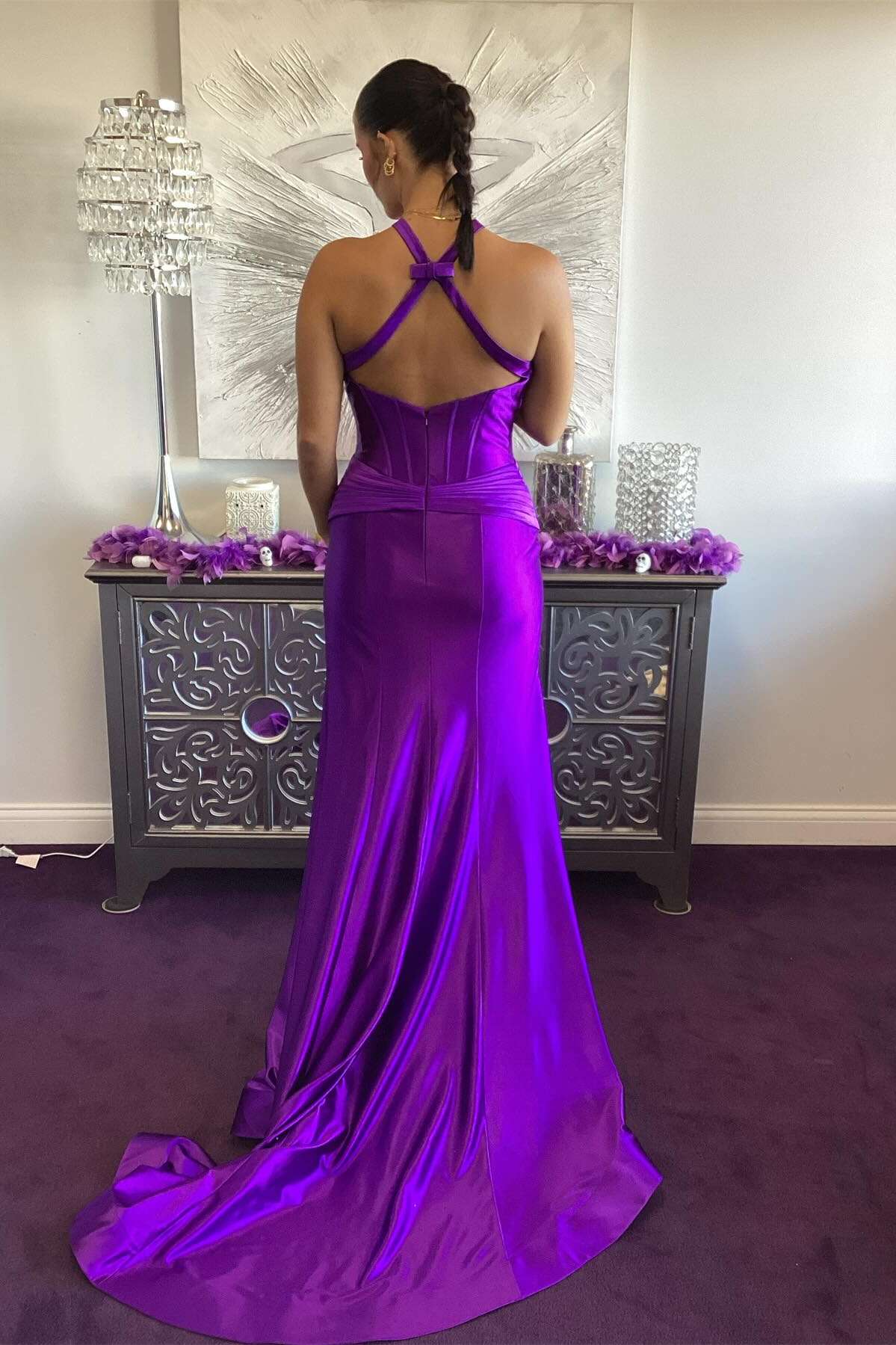 Form-Fitting Halter-Neck Sleeveless Cross-Back Slit Satin Evening Dress