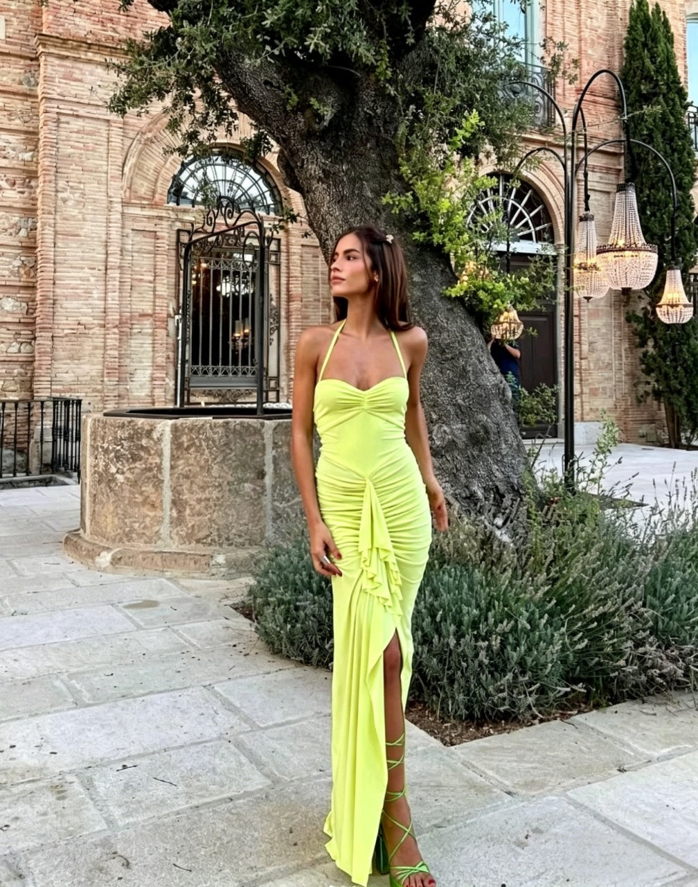 Form-Fitting Mermaid Sweetheart Halter Neck Open Back Ruched High Slit Floor Length Evening Dress