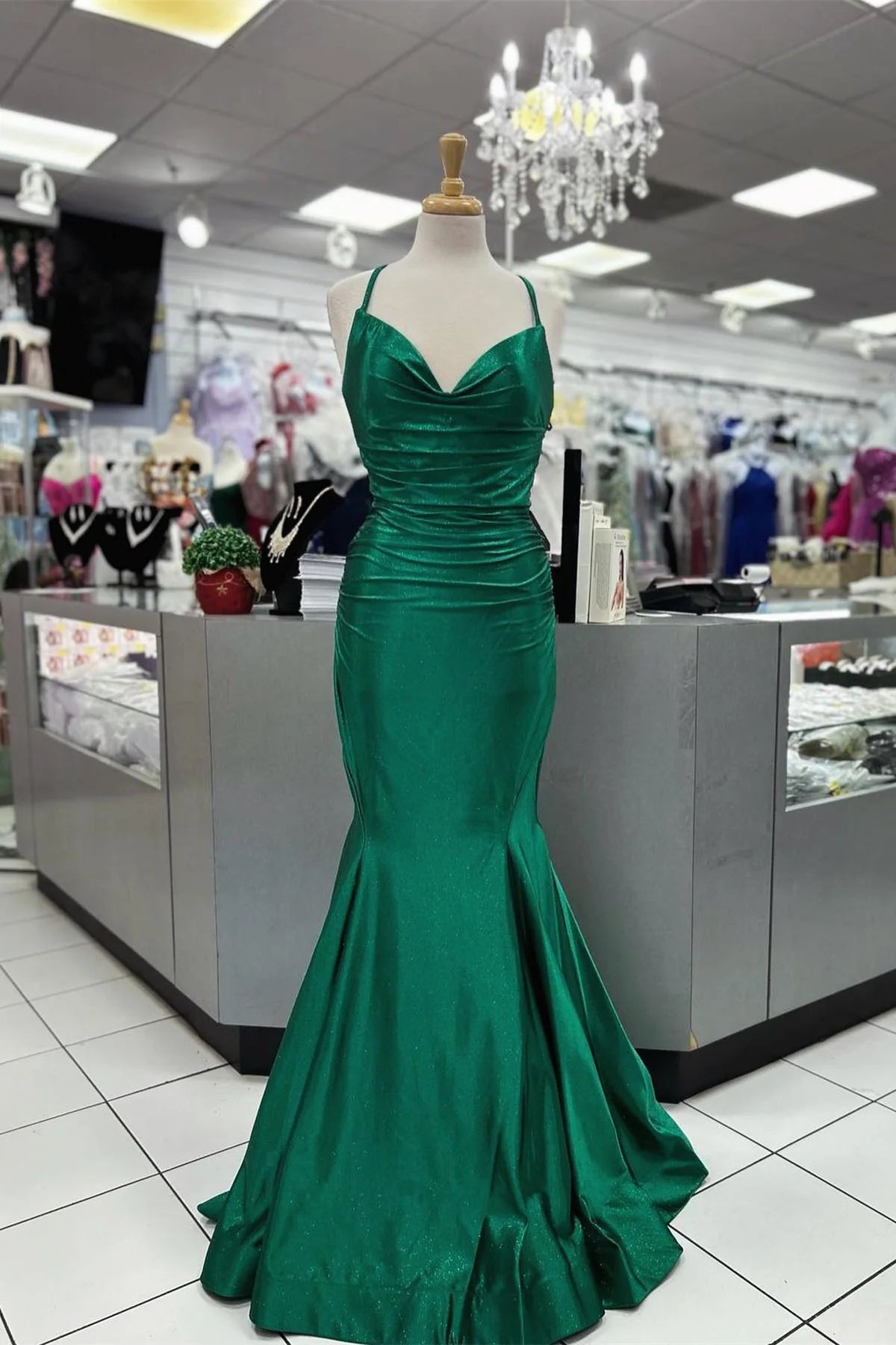 Form-Fitting Mermaid Sweetheart Spaghetti-Straps Lace-Up Glitter Floor-Length Evening Dress