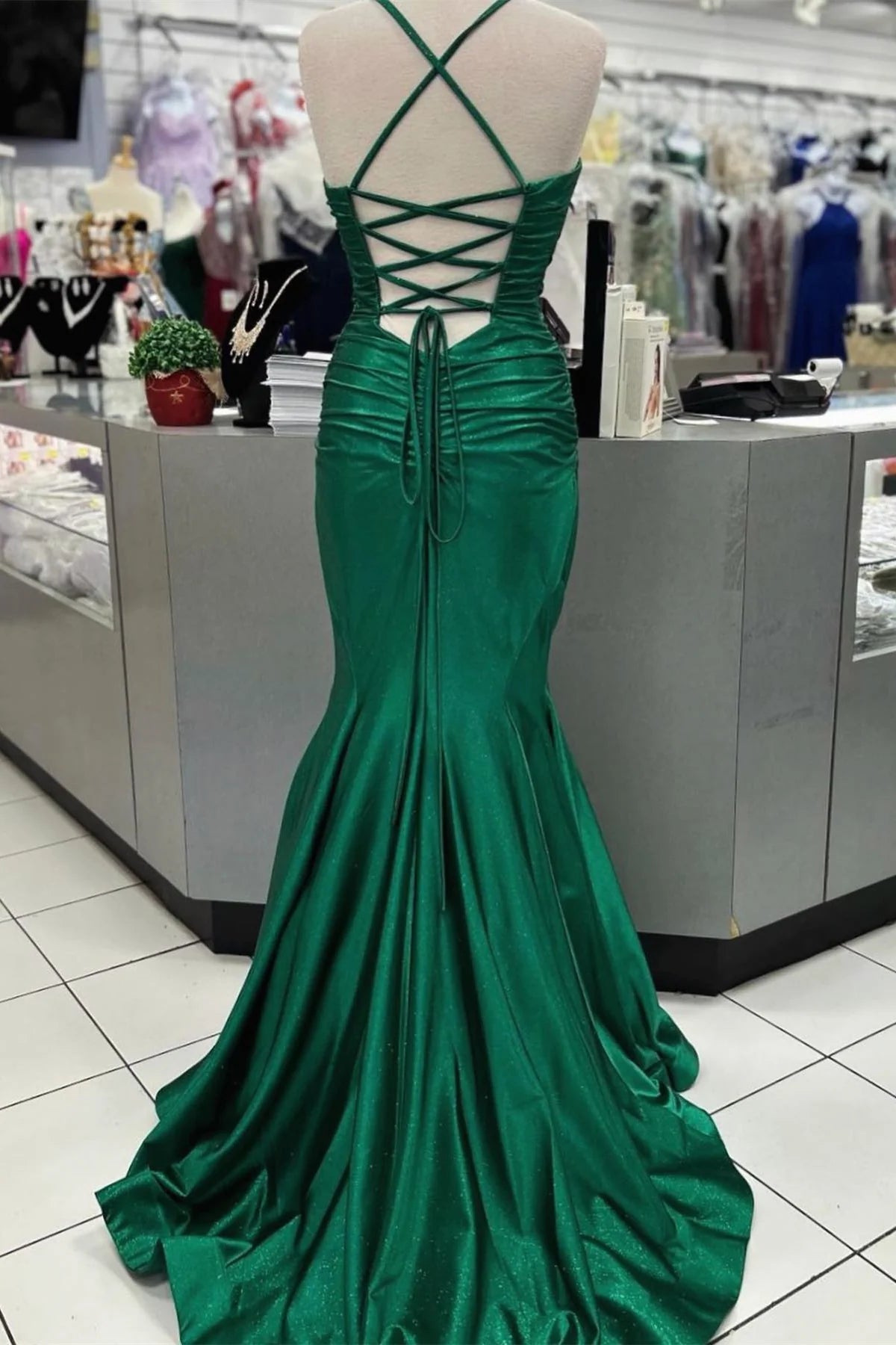Form-Fitting Mermaid Sweetheart Spaghetti-Straps Lace-Up Glitter Floor-Length Evening Dress