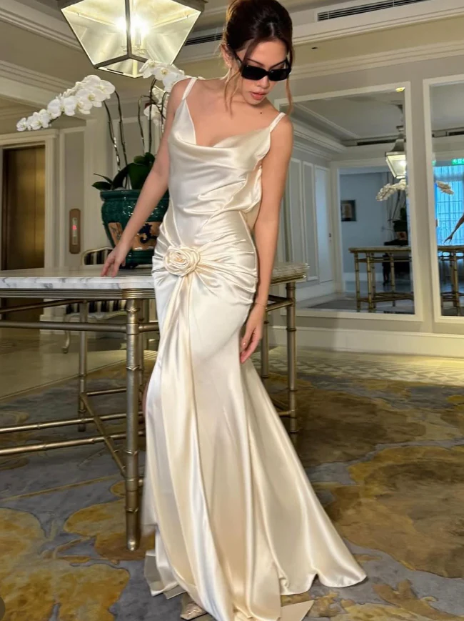 Form-fitting slip cowl neck spaghetti strap open-back floor-length evening dress