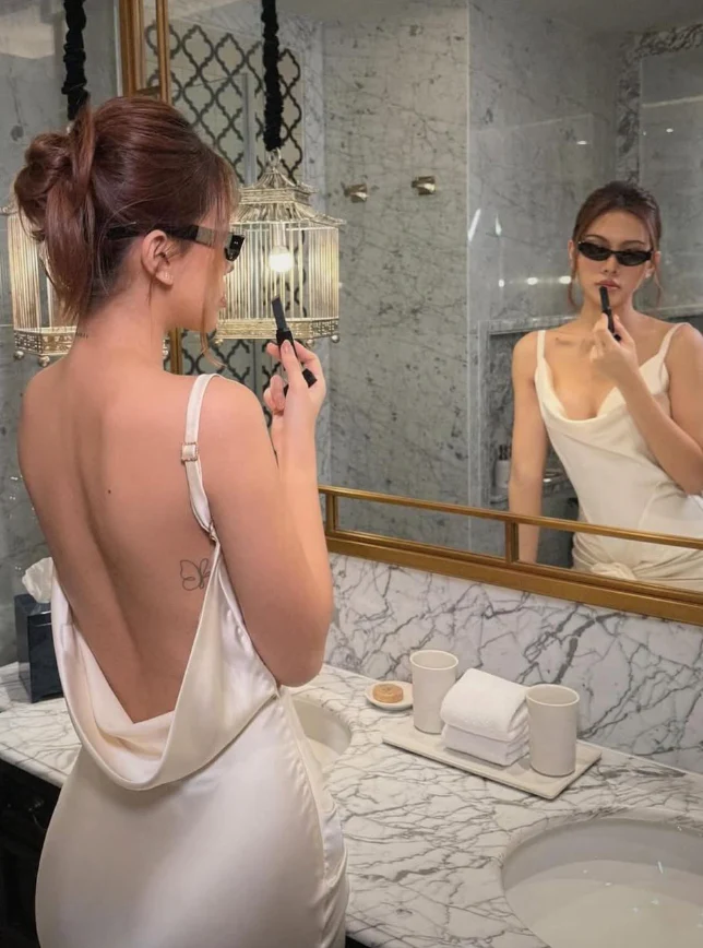 Form-fitting slip cowl neck spaghetti strap open-back floor-length evening dress