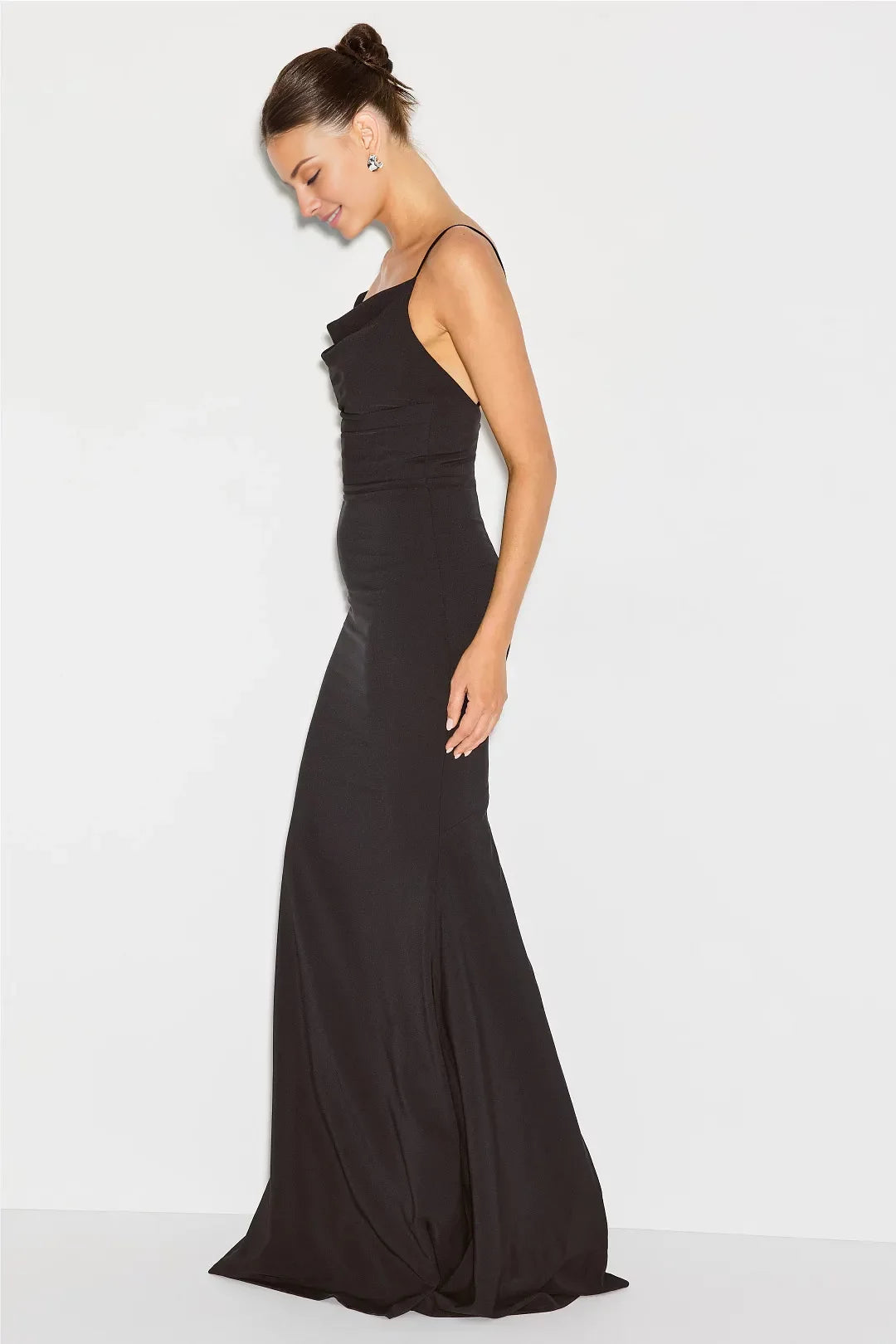 Formal Black Cowl Neck Sleeveless Spaghetti Strap Open-Back Mermaid Floor-Length Evening Dress