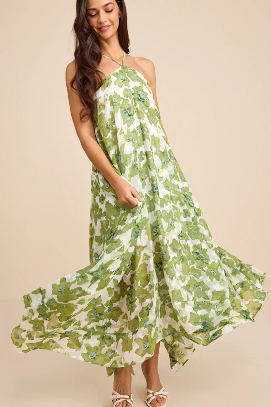 Fresh Floral Print Chiffon Maxi Halter Sleeveless High-Low Prom Dresses