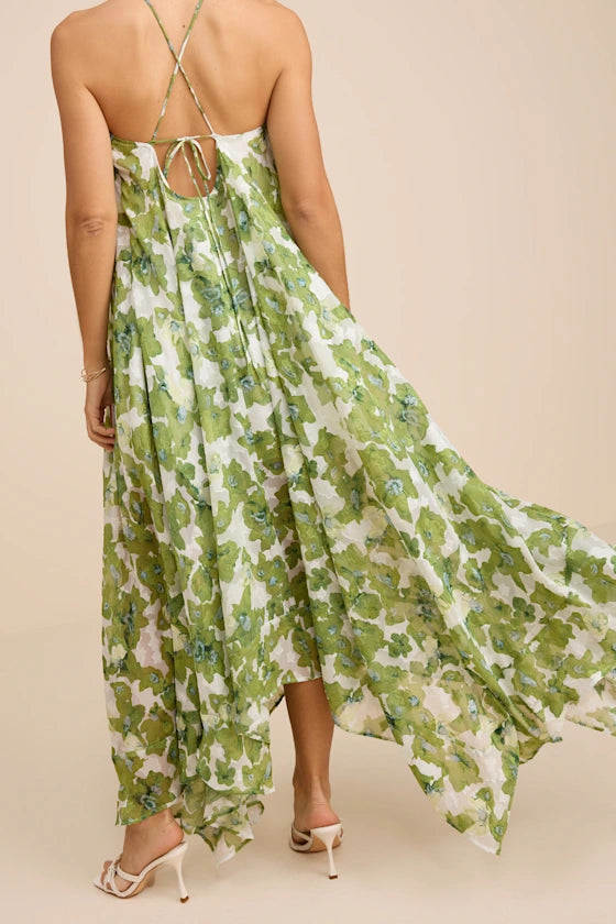 Fresh Floral Print Chiffon Maxi Halter Sleeveless High-Low Prom Dresses