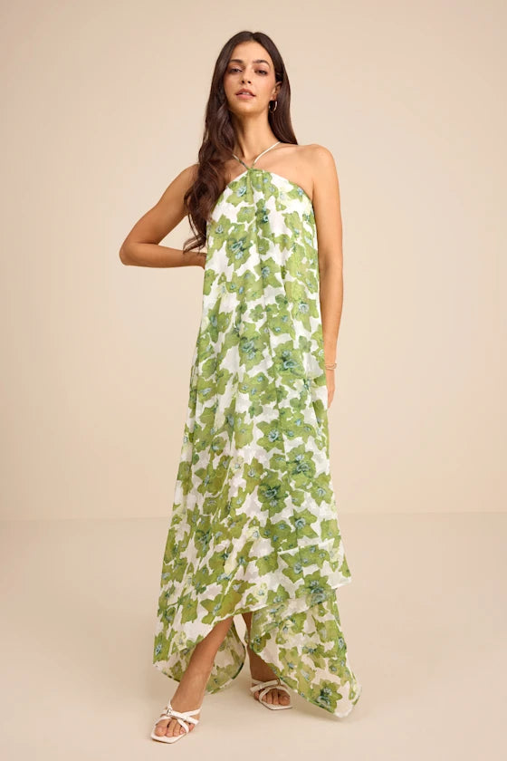 Fresh Floral Print Chiffon Maxi Halter Sleeveless High-Low Prom Dresses