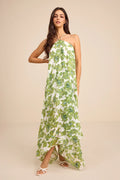 Green Floral Chiffon A-Line Halter Neckline Floor-Length Dress