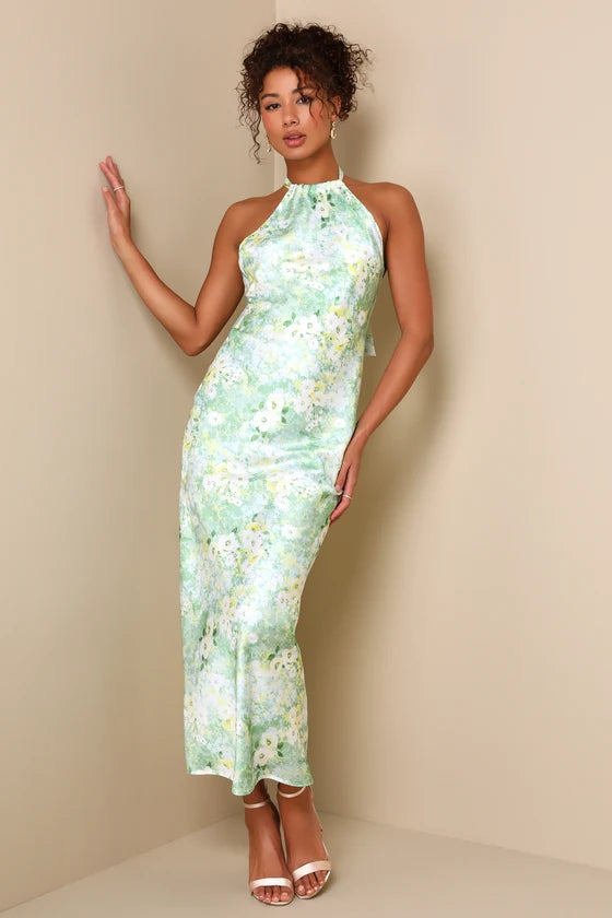Fresh Floral Print Satin Midi Halter Neck Sleeveless Tie Back Slit Detail Prom Dresses