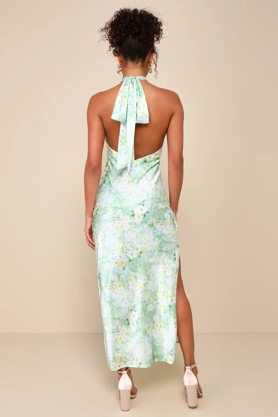 Fresh Floral Print Satin Midi Halter Neck Sleeveless Tie Back Slit Detail Prom Dresses