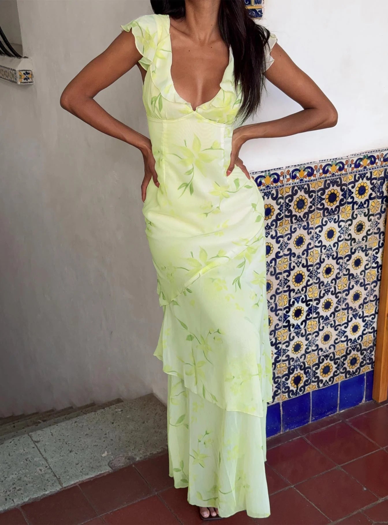 Fresh Flowy V-Neck Ruffle Cap Sleeve Tiered Maxi Green Floral Print Prom Dress