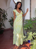 Lemon Chiffon A-Line Floor-Length Dress with V-Neck & Back Zip and Tiered Skirt & Ruffled Sleeves