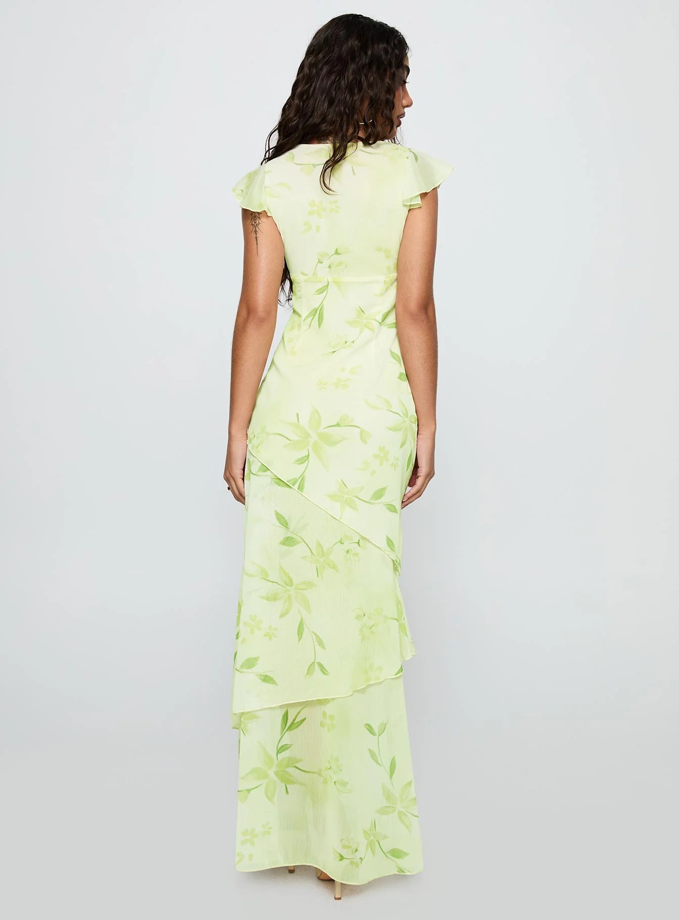 Fresh Flowy V-Neck Ruffle Cap Sleeve Tiered Maxi Green Floral Print Prom Dress
