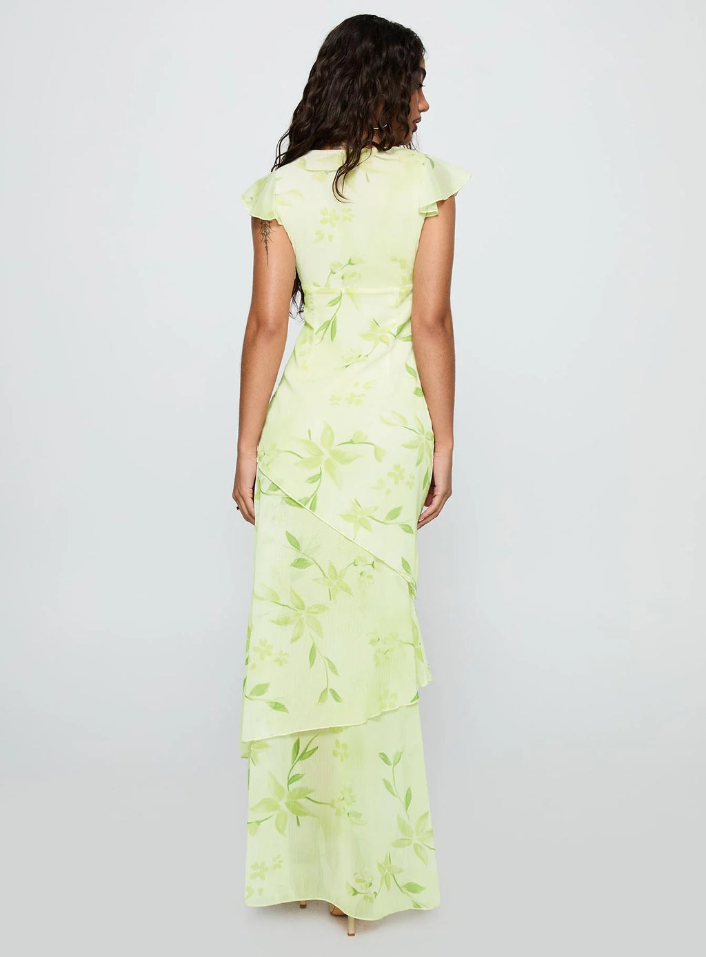Lemon Chiffon A-Line Floor-Length Dress with V-Neck & Back Zip and Tiered Skirt & Ruffled Sleeves