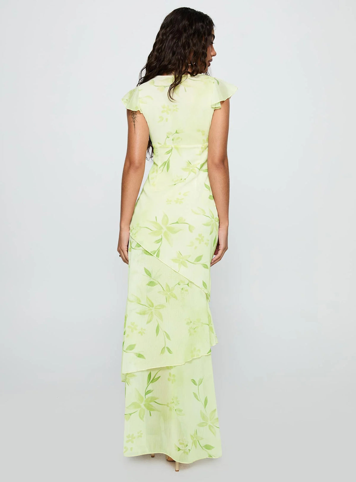 Lemon Chiffon A-Line Floor-Length Dress with V-Neck & Back Zip and Tiered Skirt & Ruffled Sleeves