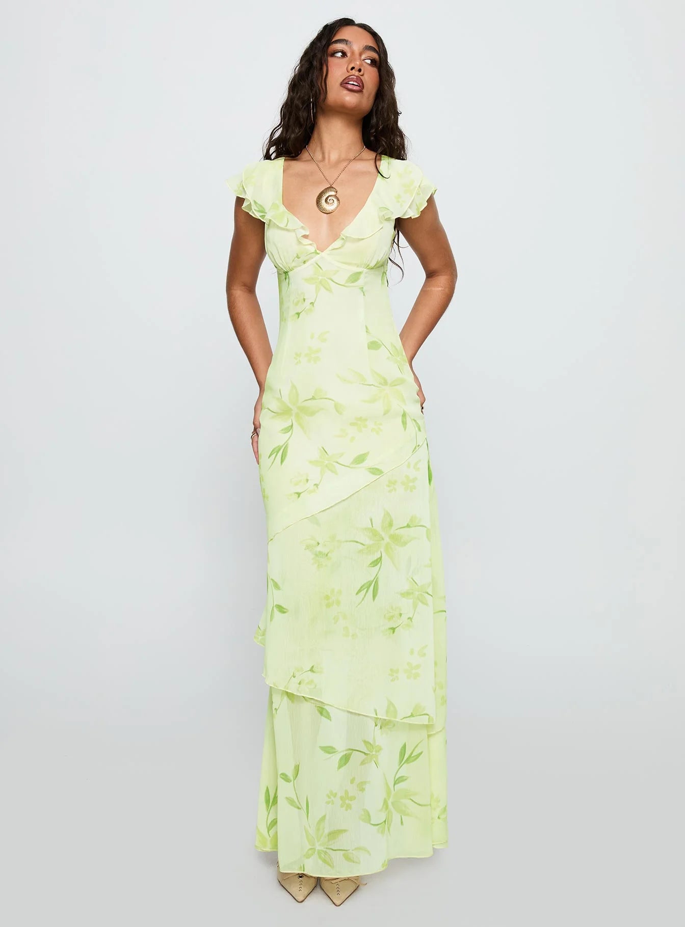 Fresh Flowy V-Neck Ruffle Cap Sleeve Tiered Maxi Green Floral Print Prom Dress