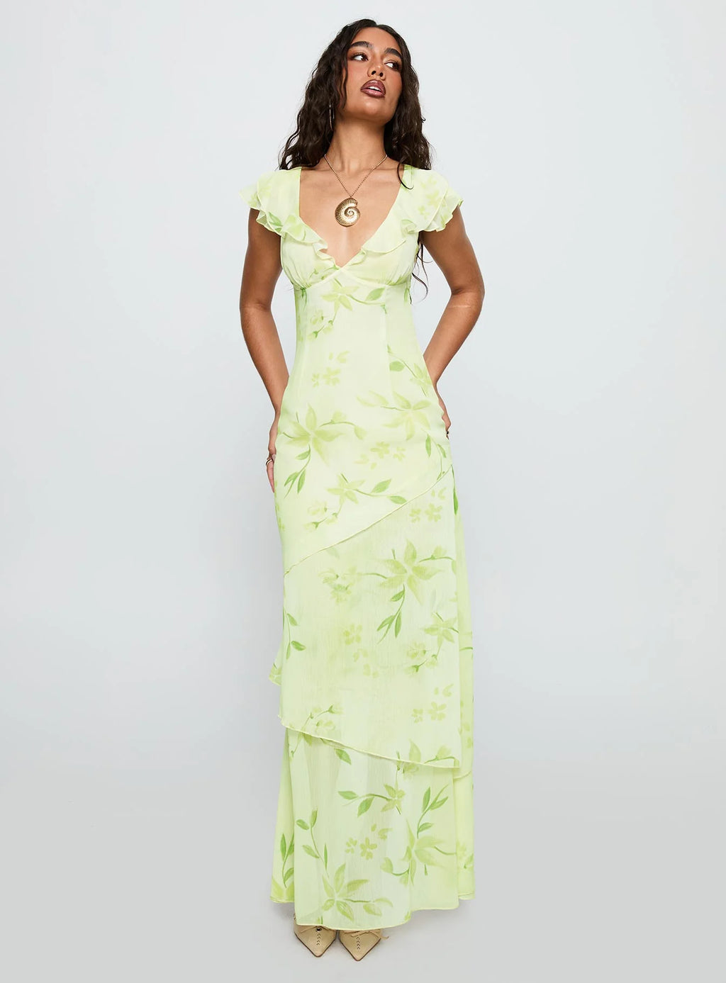 Lemon Chiffon A-Line Floor-Length Dress with V-Neck & Back Zip and Tiered Skirt & Ruffled Sleeves