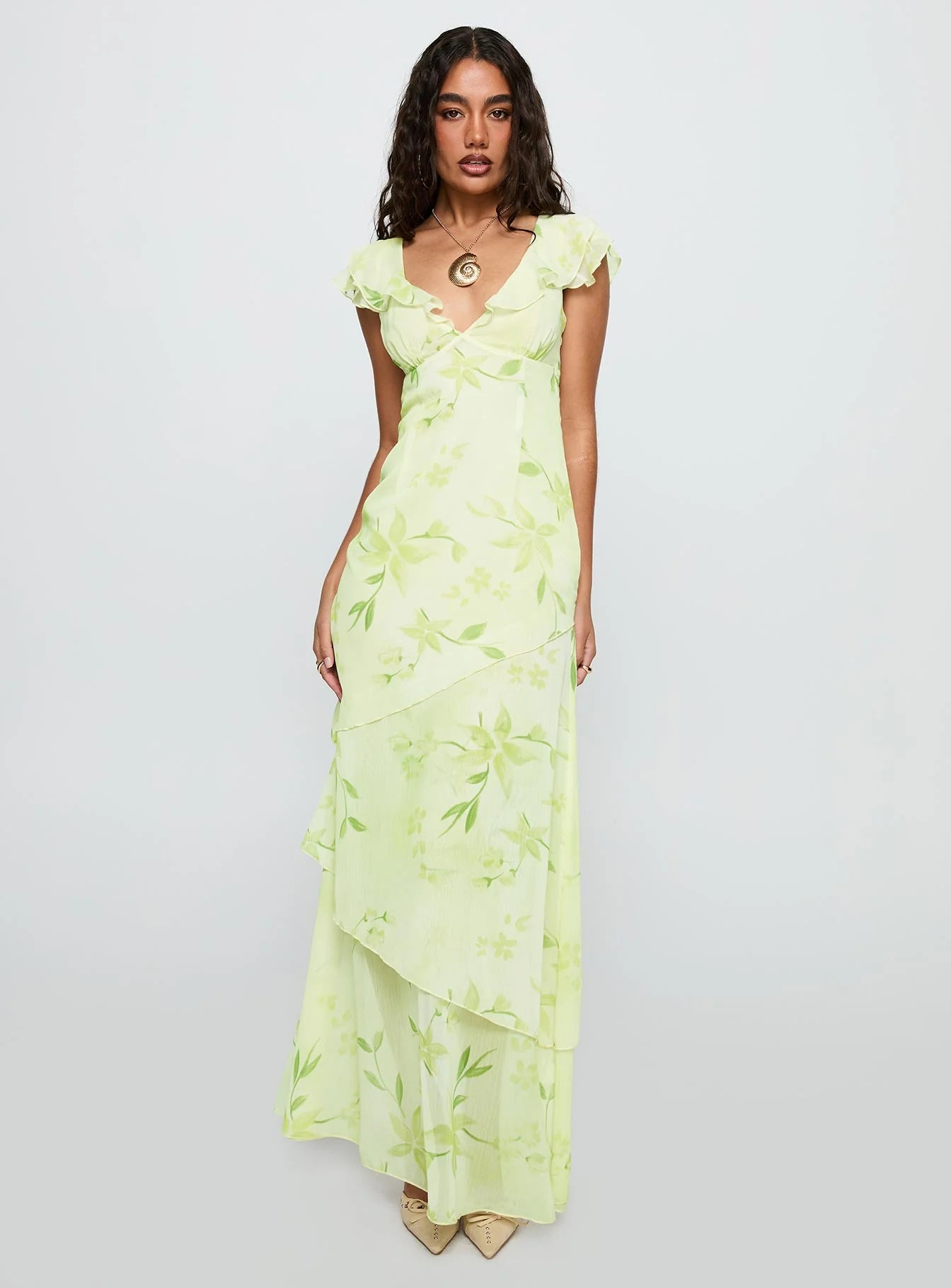 Fresh Flowy V-Neck Ruffle Cap Sleeve Tiered Maxi Green Floral Print Prom Dress