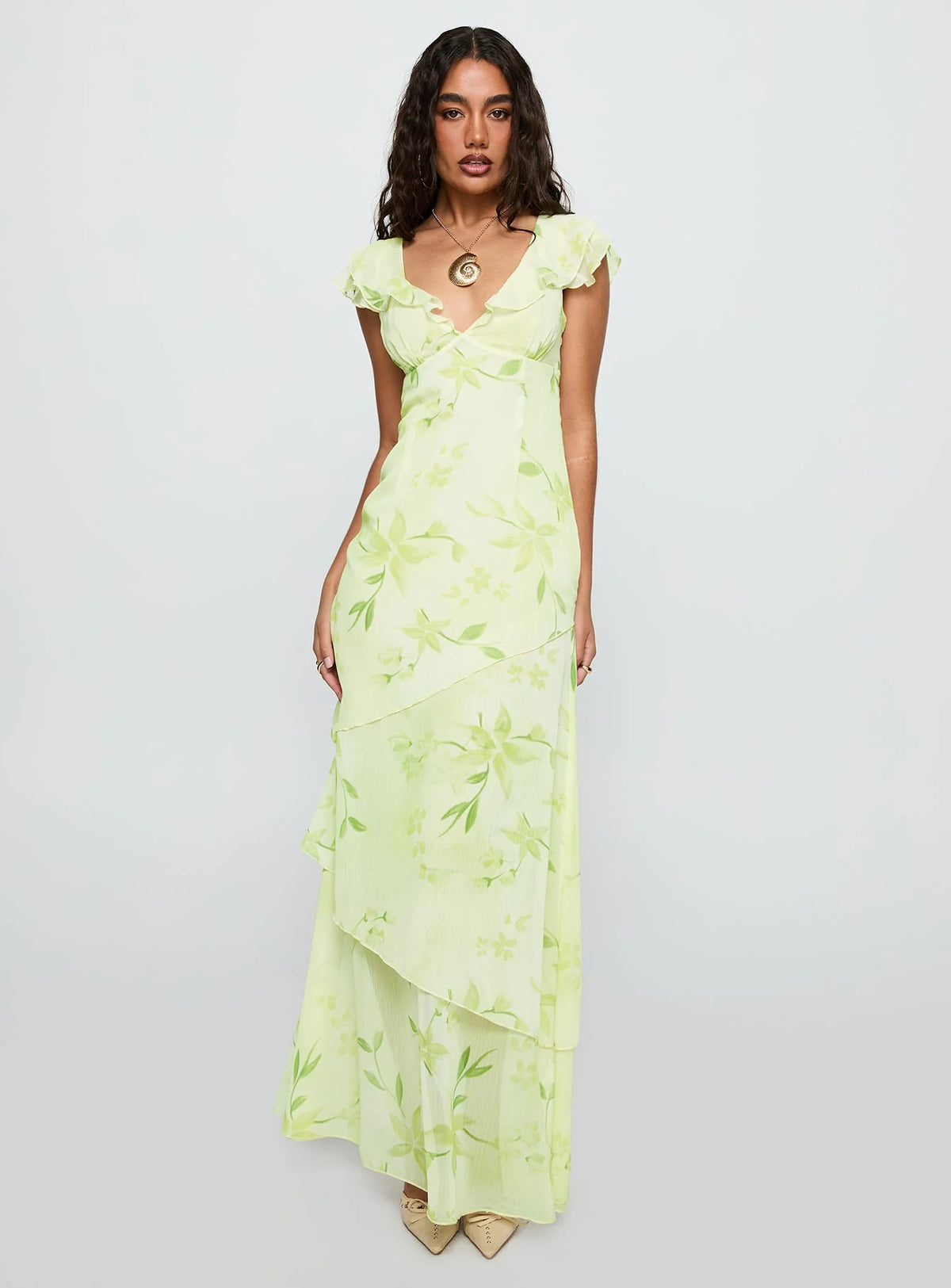 Lemon Chiffon A-Line Floor-Length Dress with V-Neck & Back Zip and Tiered Skirt & Ruffled Sleeves