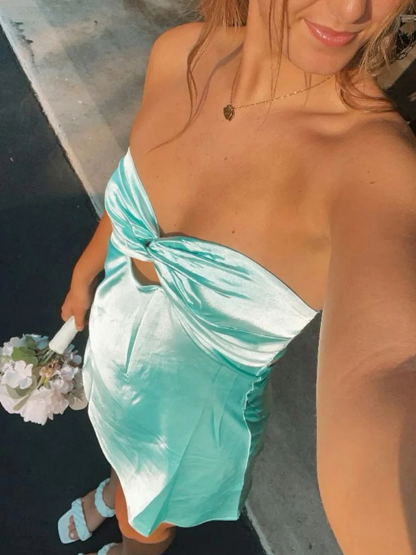 Sleek Fresh Mint Satin Strapless Twist Cutout Bow Back Mini Homecoming Dress