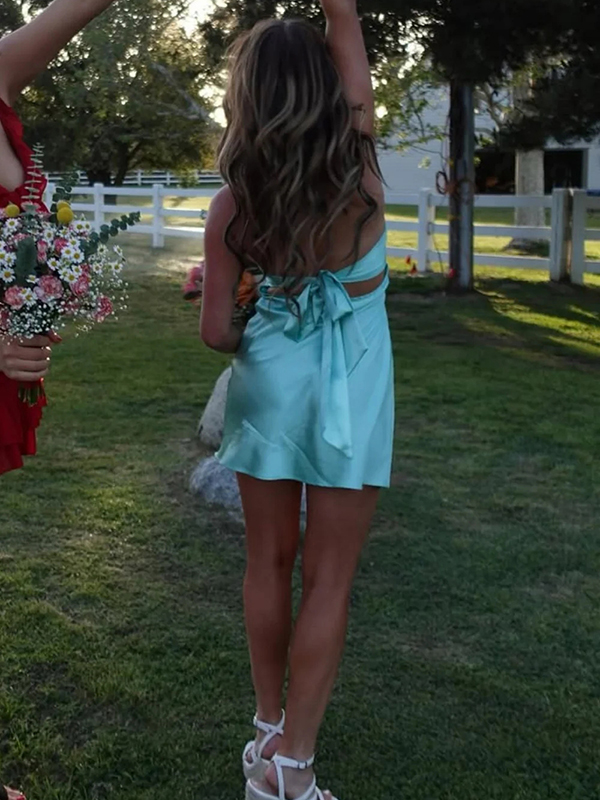 Sleek Fresh Mint Satin Strapless Twist Cutout Bow Back Mini Homecoming Dress