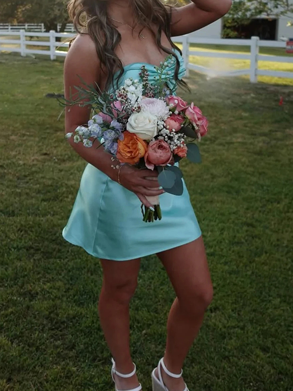 Sleek Fresh Mint Satin Strapless Twist Cutout Bow Back Mini Homecoming Dress
