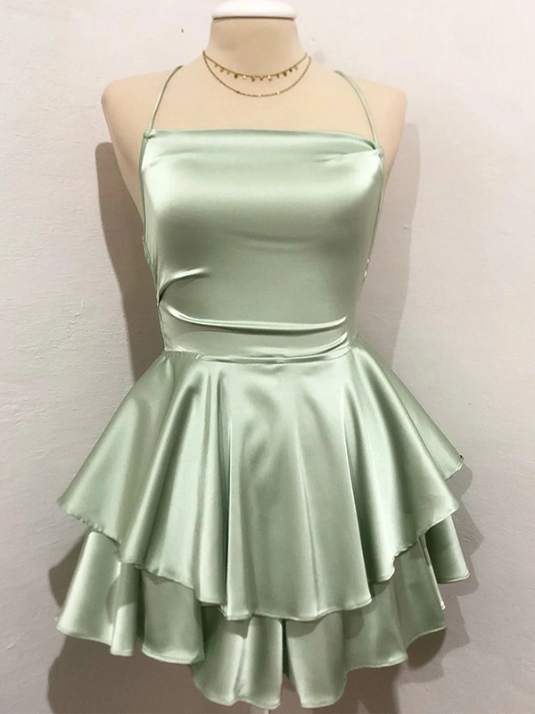 Chic Sage Green Satin A-line Square Neck Crisscross Tiered Mini Homecoming Dress