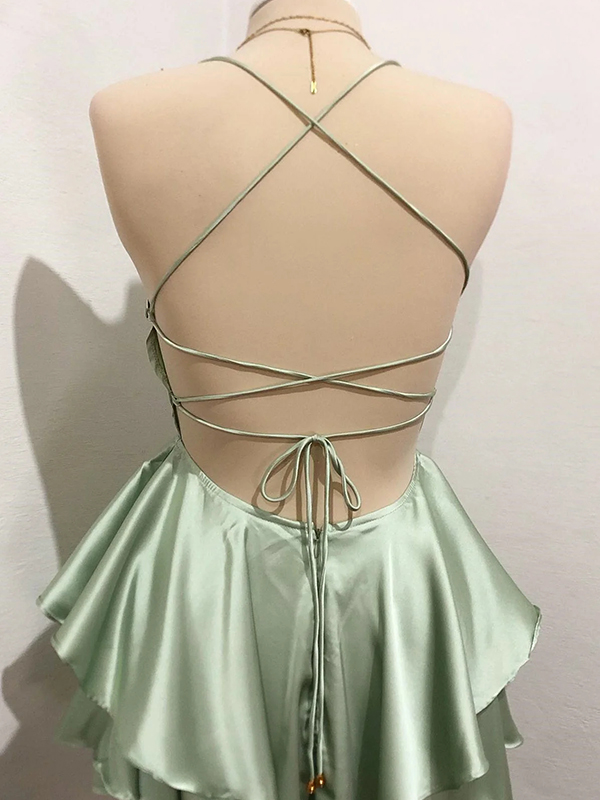 Chic Sage Green Satin A-line Square Neck Crisscross Tiered Mini Homecoming Dress