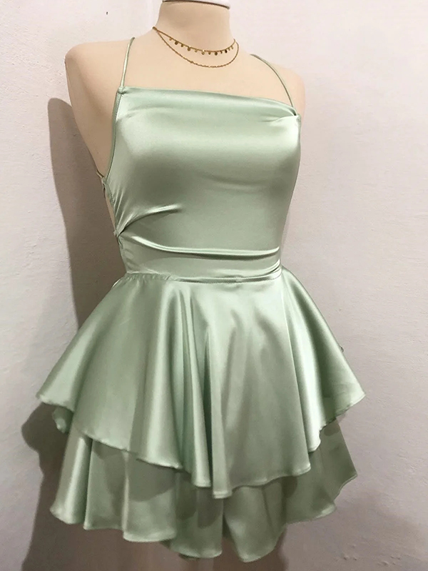 Chic Sage Green Satin A-line Square Neck Crisscross Tiered Mini Homecoming Dress