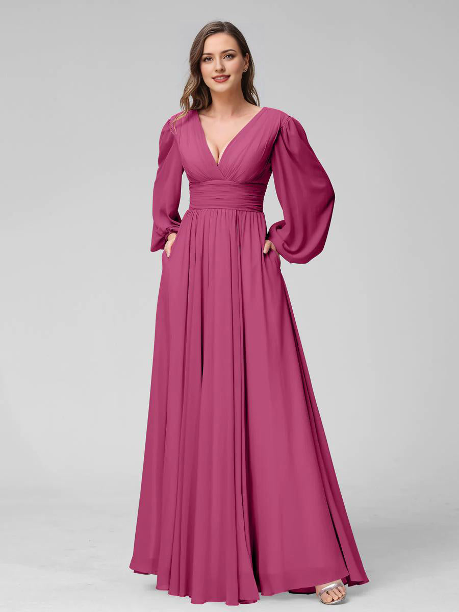Blushing Pink Chiffon V-Neck A-Line Floor-Length Bridesmaid Dress with Bishop Sleeves