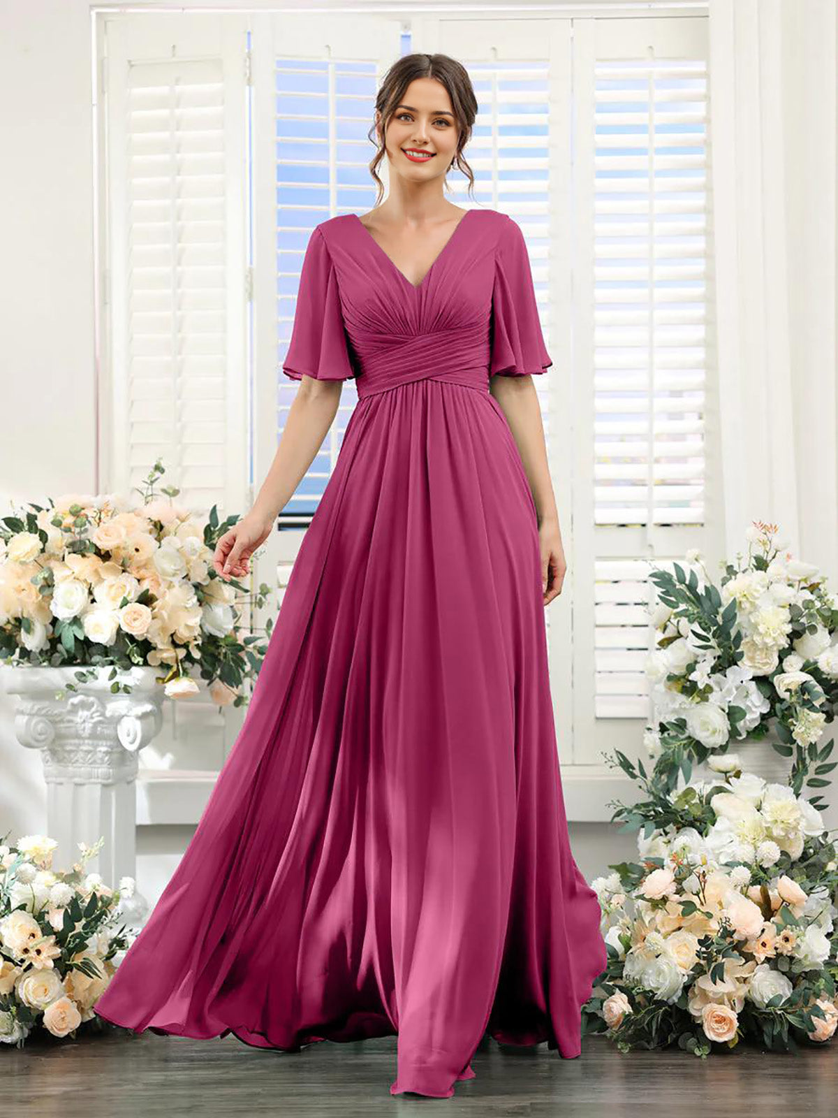 Dusty Sage Ruched Bodice Flutter Sleeves A-Line Floor-Length Bridesmaid Dress