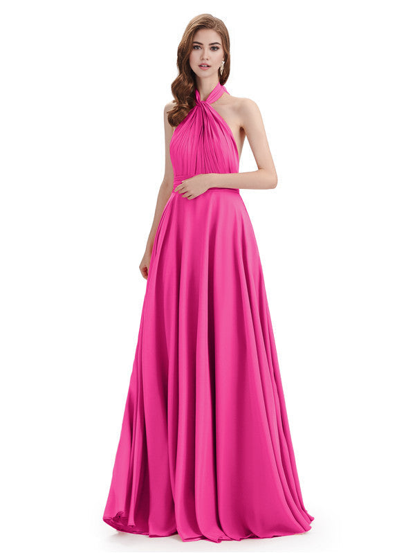 Simple A-Line High Neck Halter Sleeveless Pleats Chiffon Floor Length Bridesmaid Dresses
